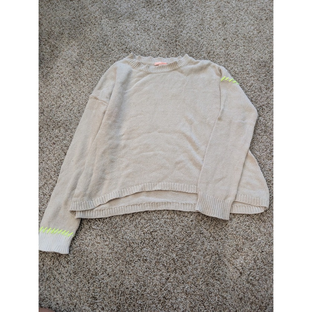Lisa Todd Beige Heart Embroidered Cotton Blend Knit Sweater Neon Accents Small